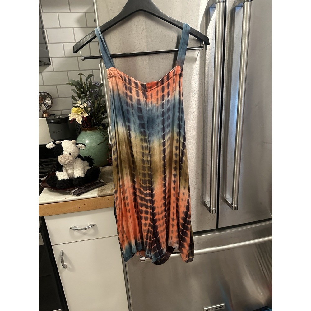 Rainbow Striped Rayon Romper L/XL Pockets Adj Straps Festival Y2K - Picture 2 of 16